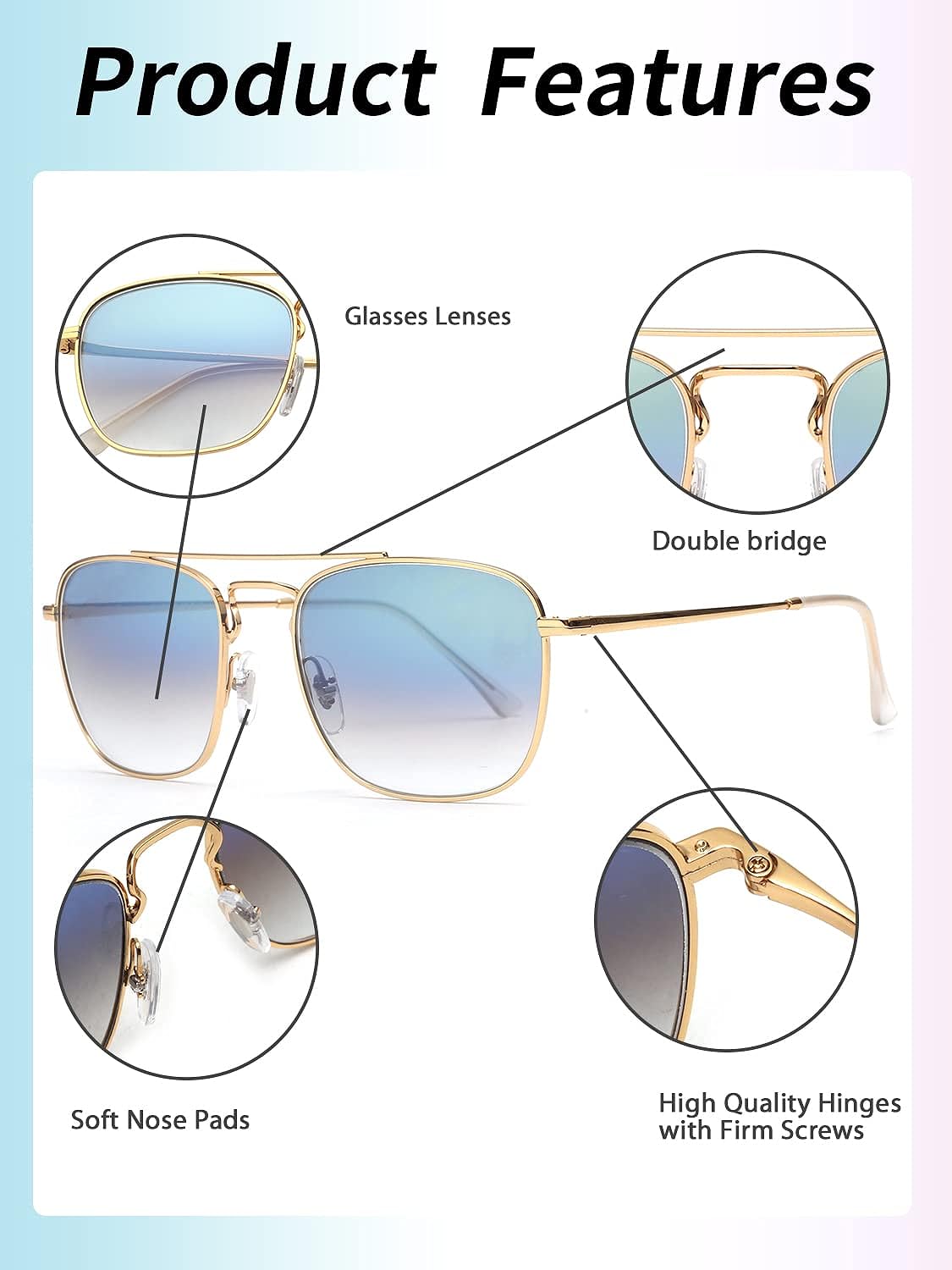 JIM HALO Retro Square Aviator Sunglasses Premium Glass Lens Flat Metal Eyewear Men Women (Gold/Gradient Blue)
