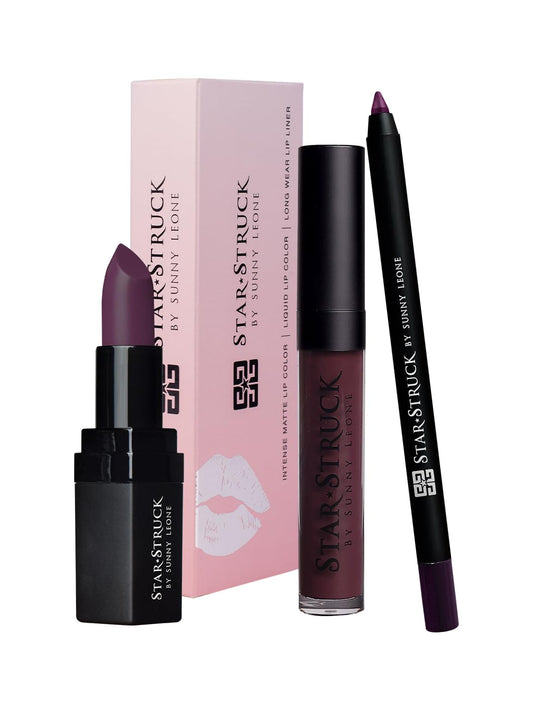 STARSTRUCK BY SUNNY LEONE New Shades of Lipstick + Lip Gloss + Lip Liner Lip Kit (3PC Lip Kit) (Wine)