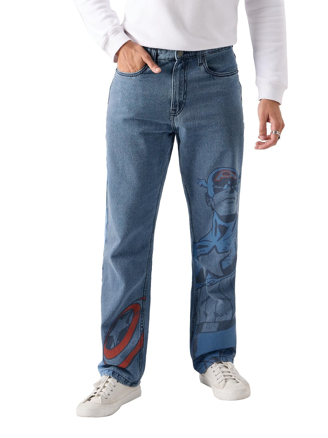 The Souled Store Official Captain America: Sentinel of Liberty (Straight Fit) Mens and Boys Regular Fit Printed Cotton Blue Color Jeans