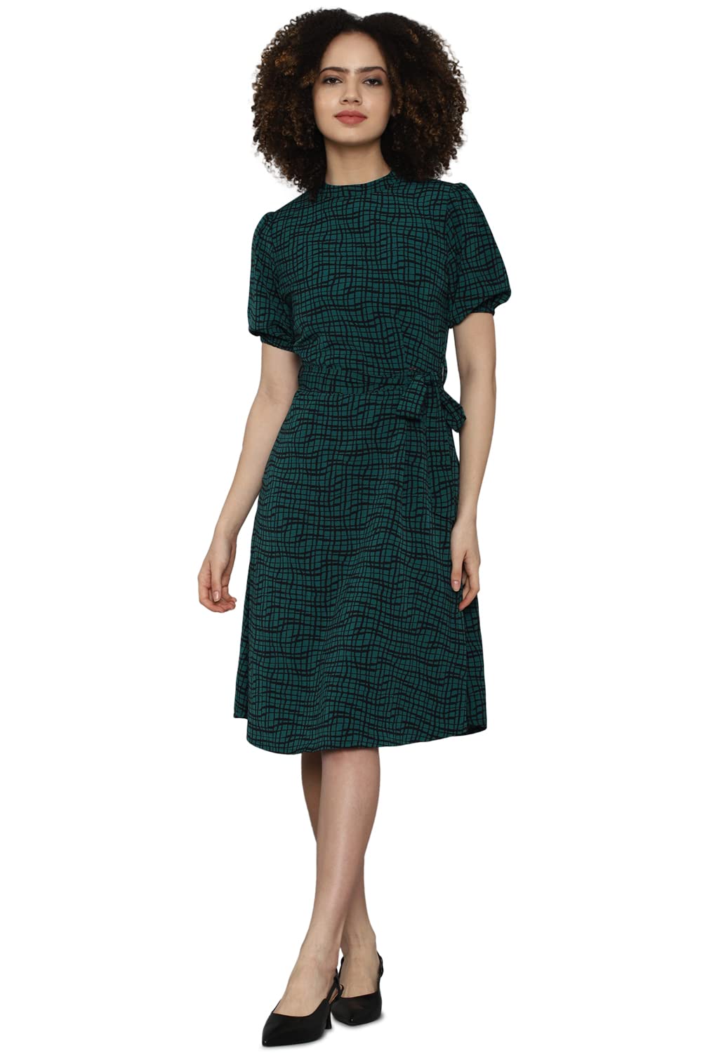 Allen Solly Women's Polyester A-Line Knee-Length Dress (Green)