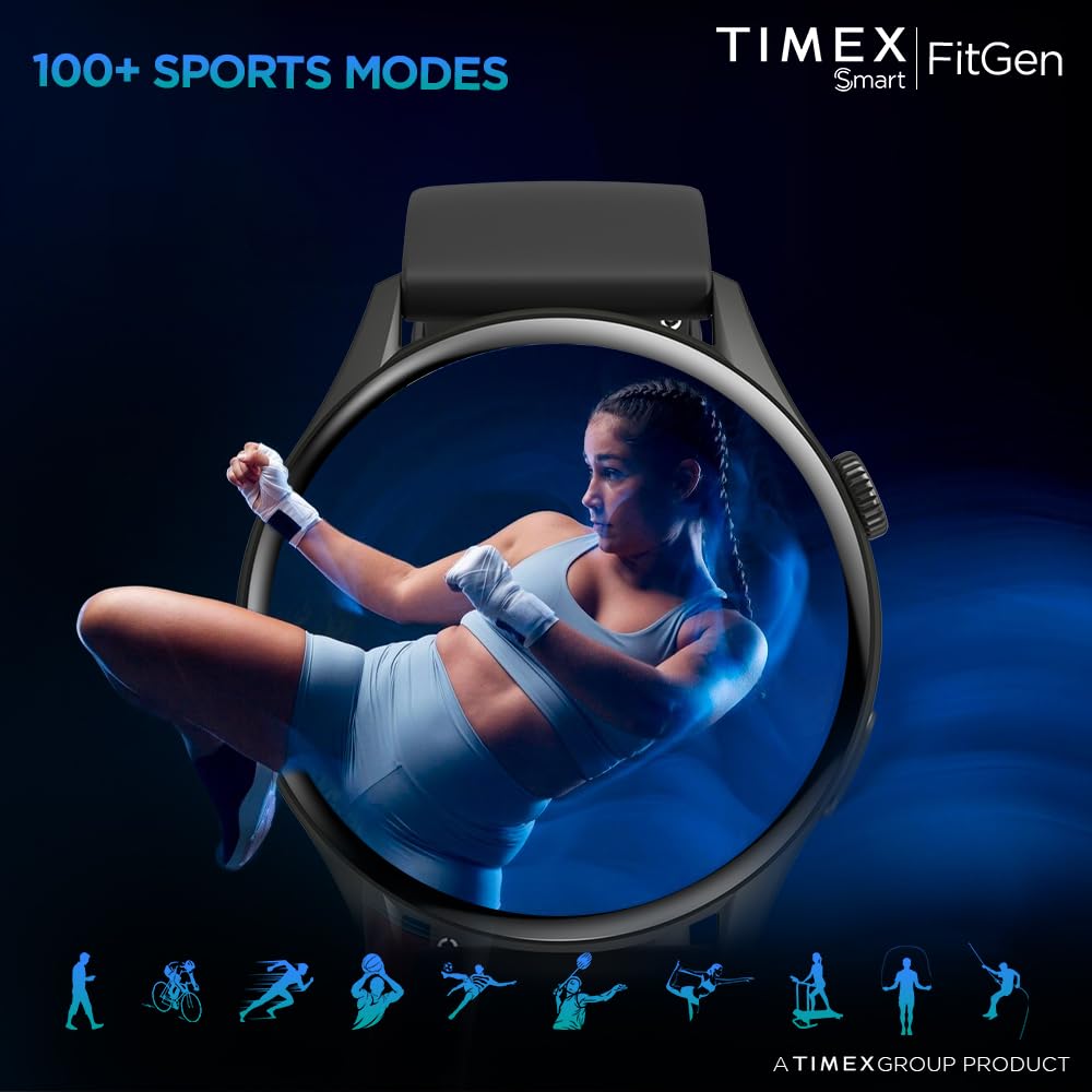 Timex FitGen 1.43" Round AMOLED Smartwatch with 466x466 Pixel Resolution|Single Sync Bluetooth Calling|Rotating Crown| Metallic Body|AI Voice Assist|100+ Sports Modes|Upto 7 Days Battery(Normal Usage)