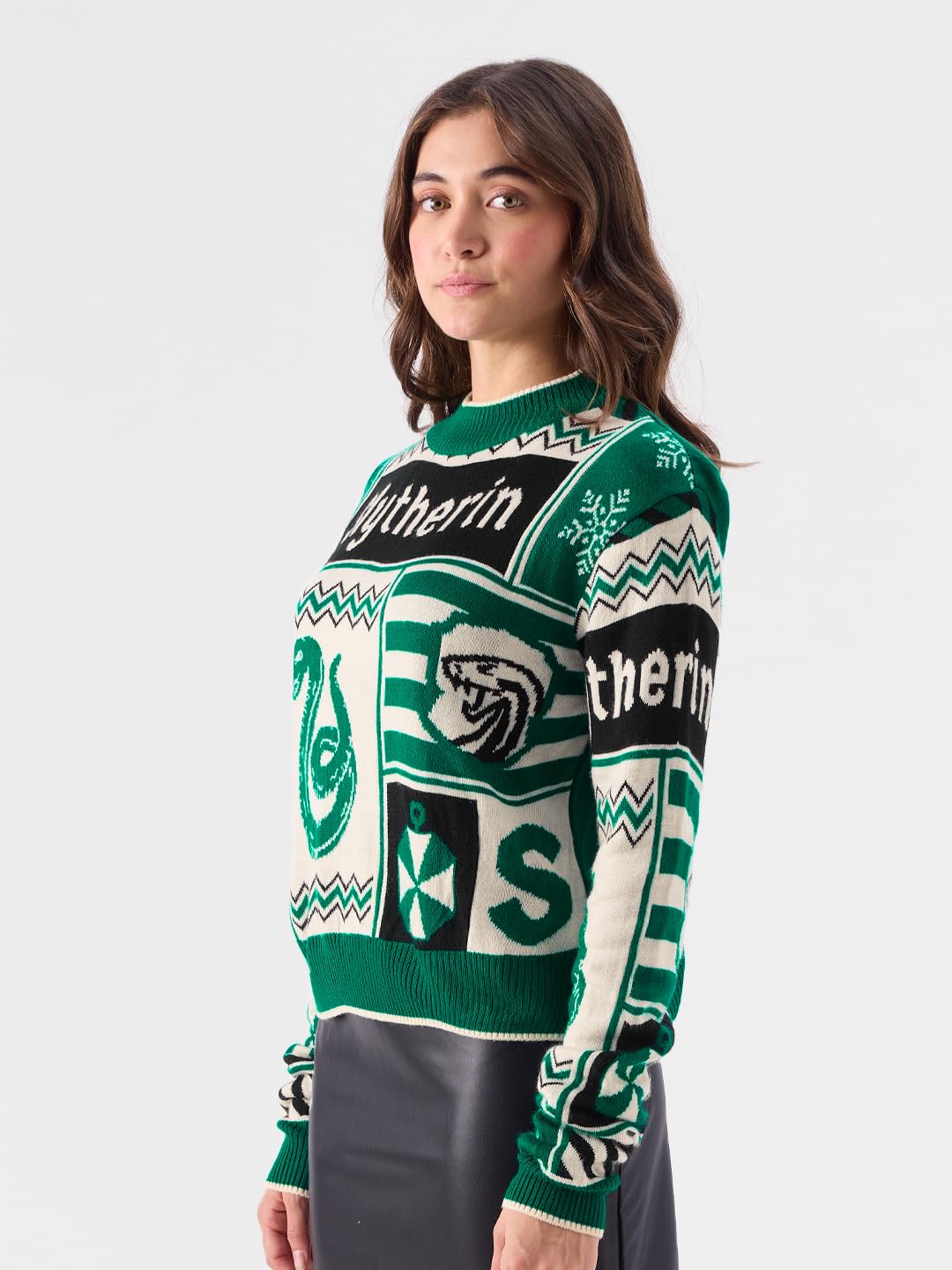 The Souled Store Official Harry Potter: House Slytherin Women Knitted Sweaters Sweatshirts Hoodies Pullovers Crewneck Hooded Zip-Up Graphic Printed Solid Color Block Sportswear Casual Warm Cozy Green