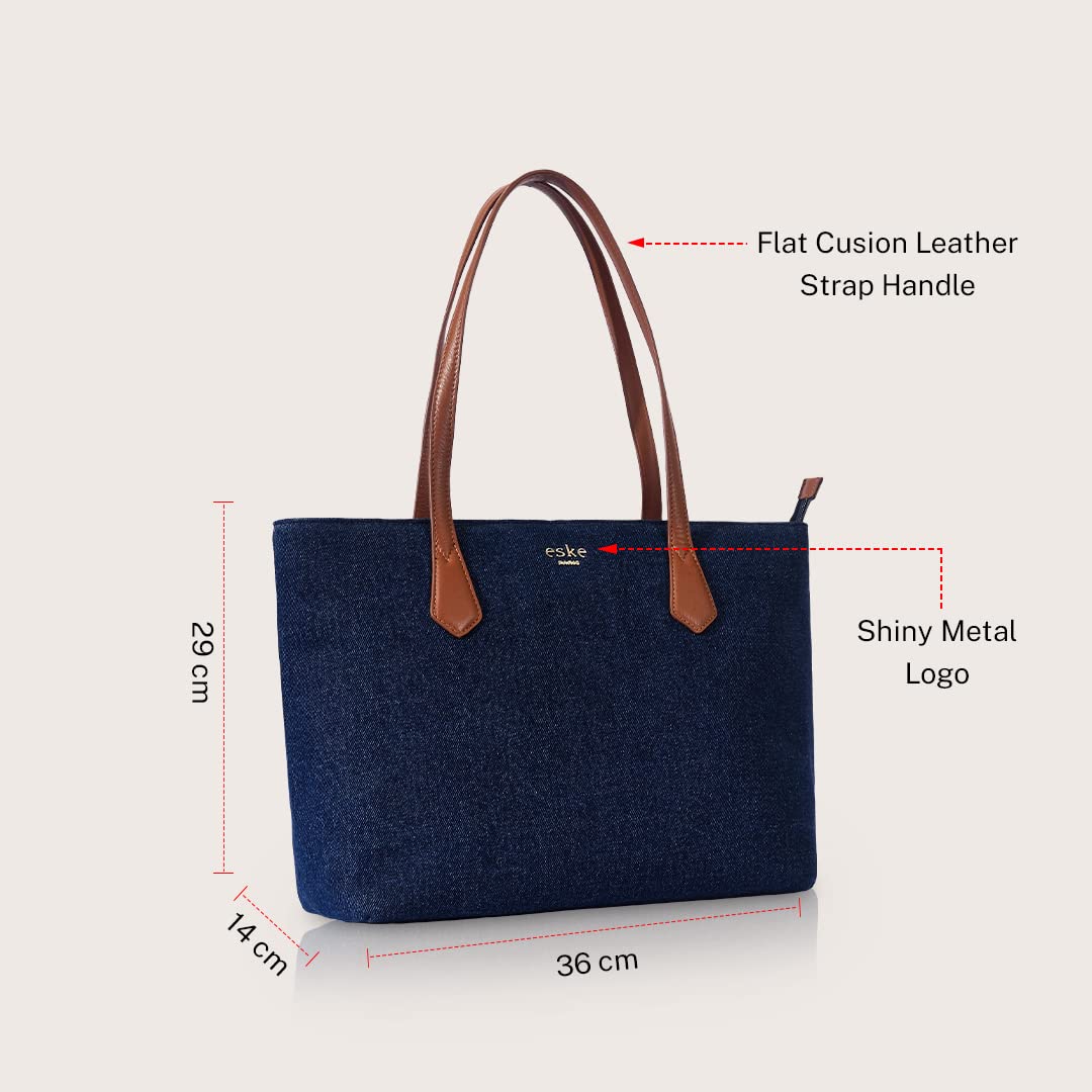 eské Aliz Canvas Vegan Leather Tote Handbag For Women | Shoulder Bag For Daily Use (Navy Blue Cognac)