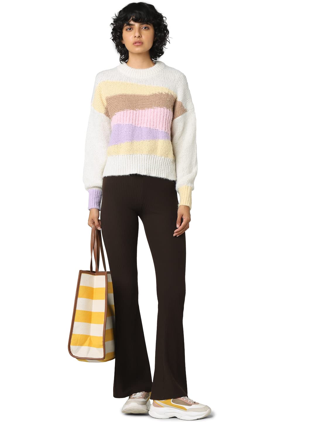 Only Women's Polyester Blend Round Neck Sweater (Birch) Beige