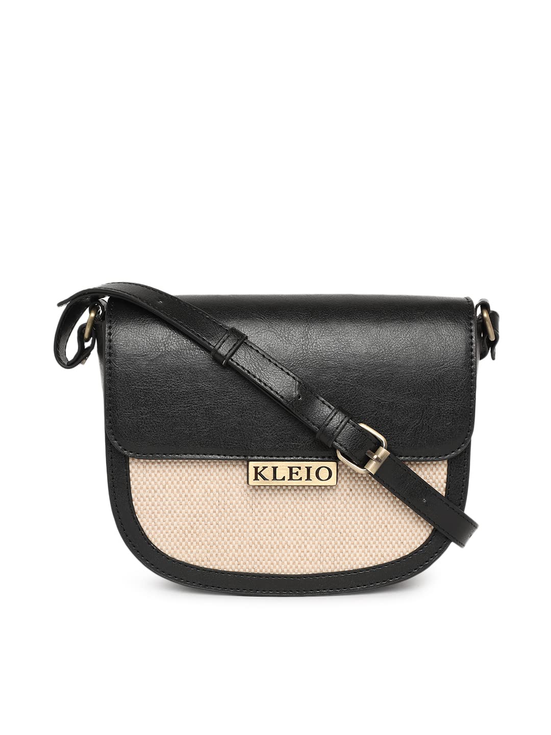 KLEIO Jute Canvas PU Leather Crossbody Side Sling Bag For Women Girls (HO8038KL-BL)(BLACK)