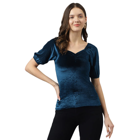 KERI PERRY Women's Teal Blue Velvet Solid Straight Western Top | Winter Top | Western Top | Top for Women | Latest Women Top | Trendy Women Top