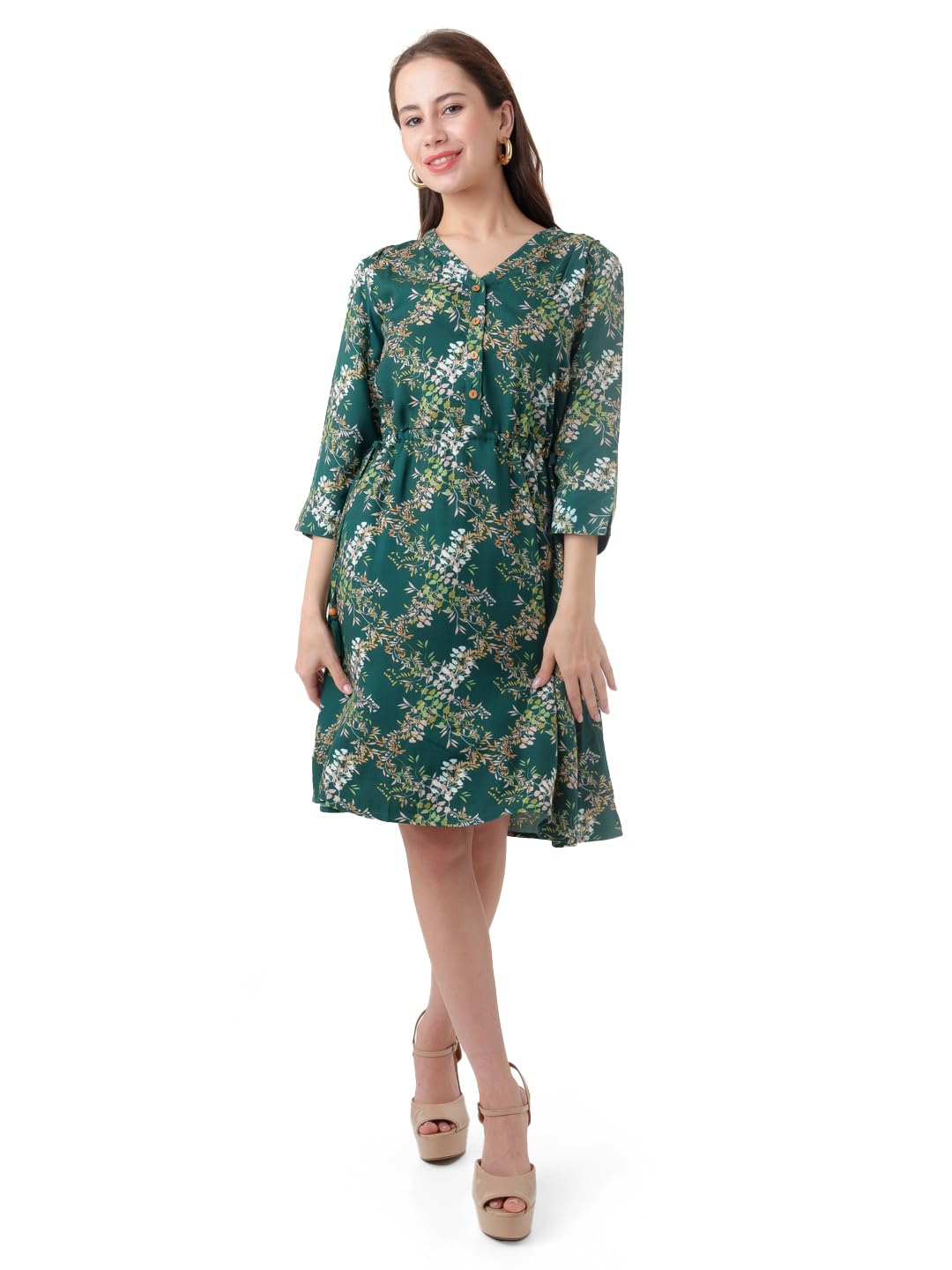 Zink London Women's Dark Cedar Printed A-Line Short Dress Green