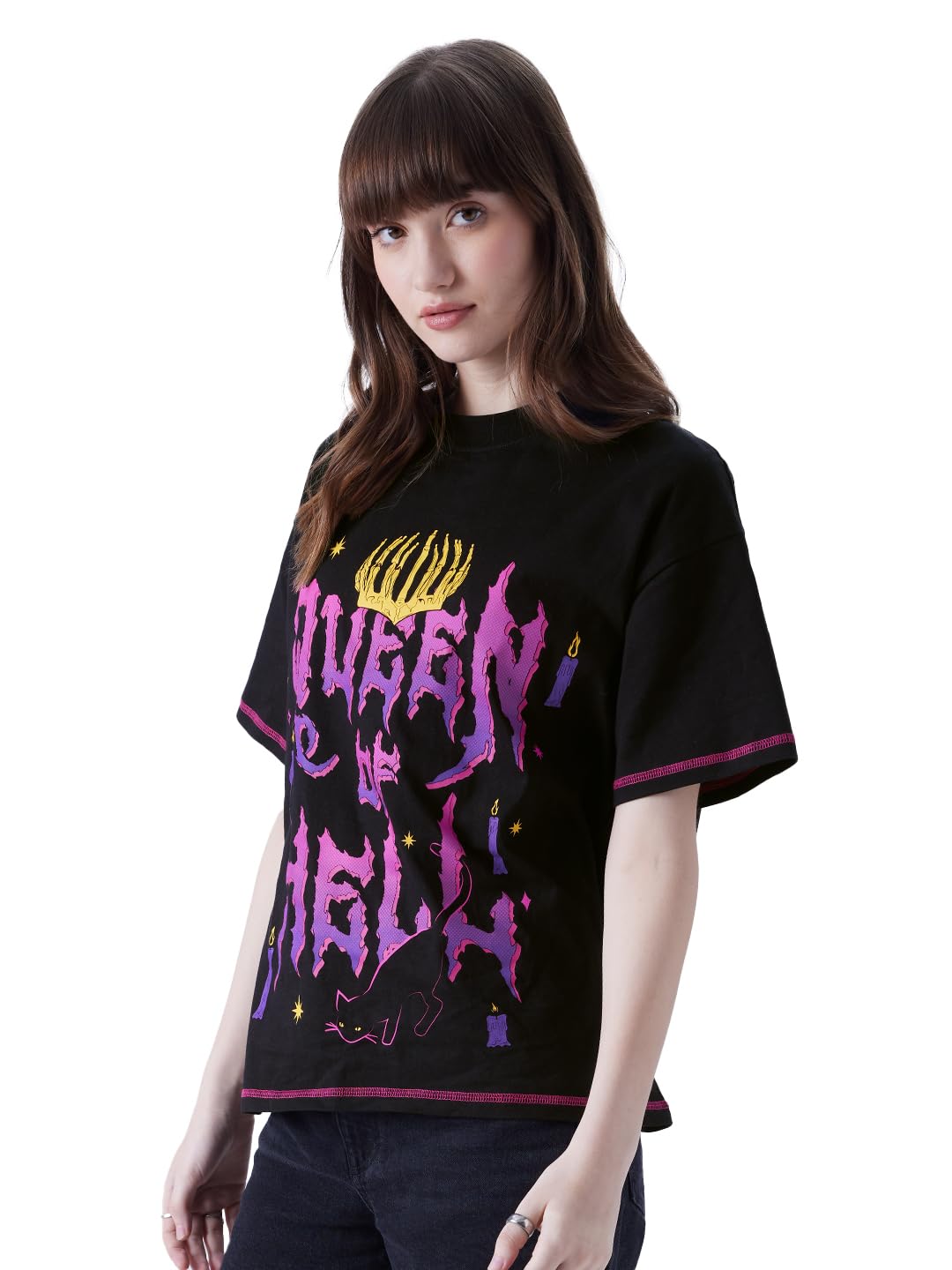 The Souled Store TSS : Queen of Hell Womens and Girls Oversized fit Graphic Printed Half Cotton Black Color Women Oversized T-Shirts Oversized T Shirts for Women Baggy Boyfriend