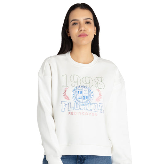 Status Quo Womens Printed Round Neck Sweatshirt Off White