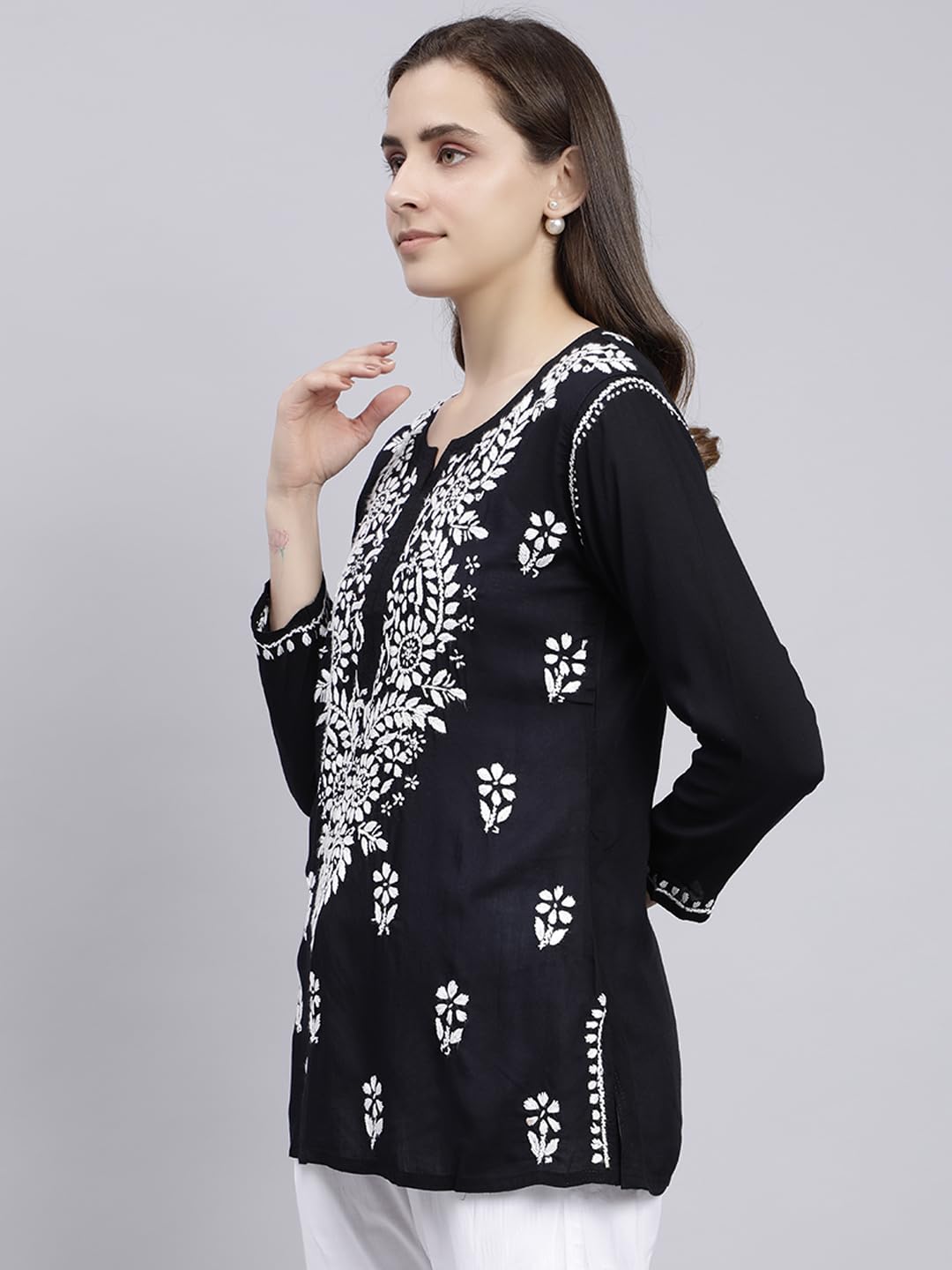 Seva Chikan Hand Embroidered Black Modal Lucknowi Chikankari Top (Black)