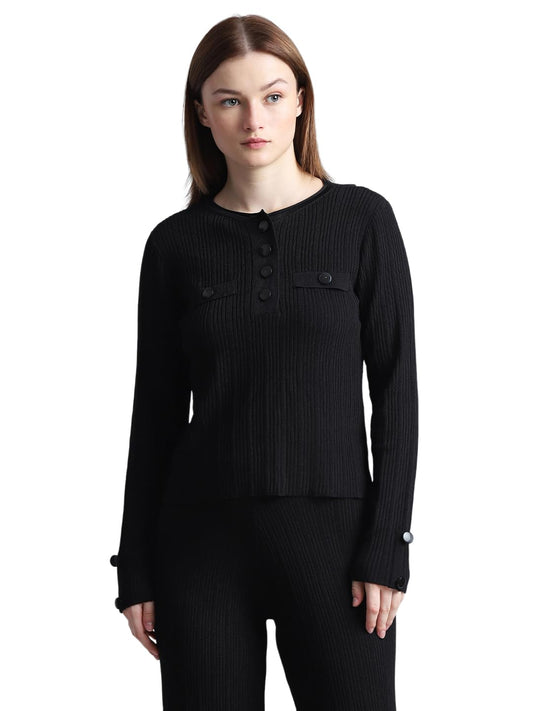 ONLY Women's Viscose Round Neck Pullover Sweater (15323384- Black
