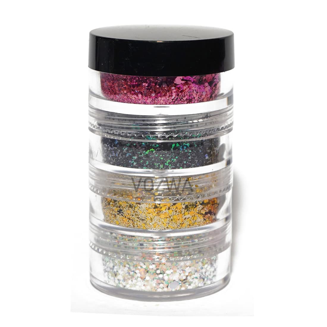 Vozwa 4 in 1 Eyeshadow Chunky and Fine Glitter Mix - (Pink + Black + Golden + Silver)
