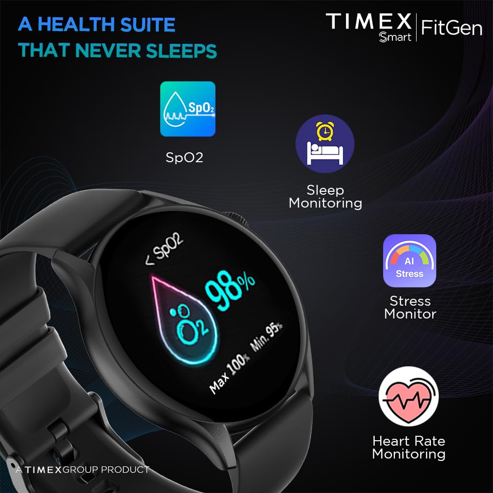 Timex FitGen 1.43" Round AMOLED Smartwatch with 466x466 Pixel Resolution|Single Sync Bluetooth Calling|Rotating Crown| Metallic Body|AI Voice Assist|100+ Sports Modes|Upto 7 Days Battery(Normal Usage)