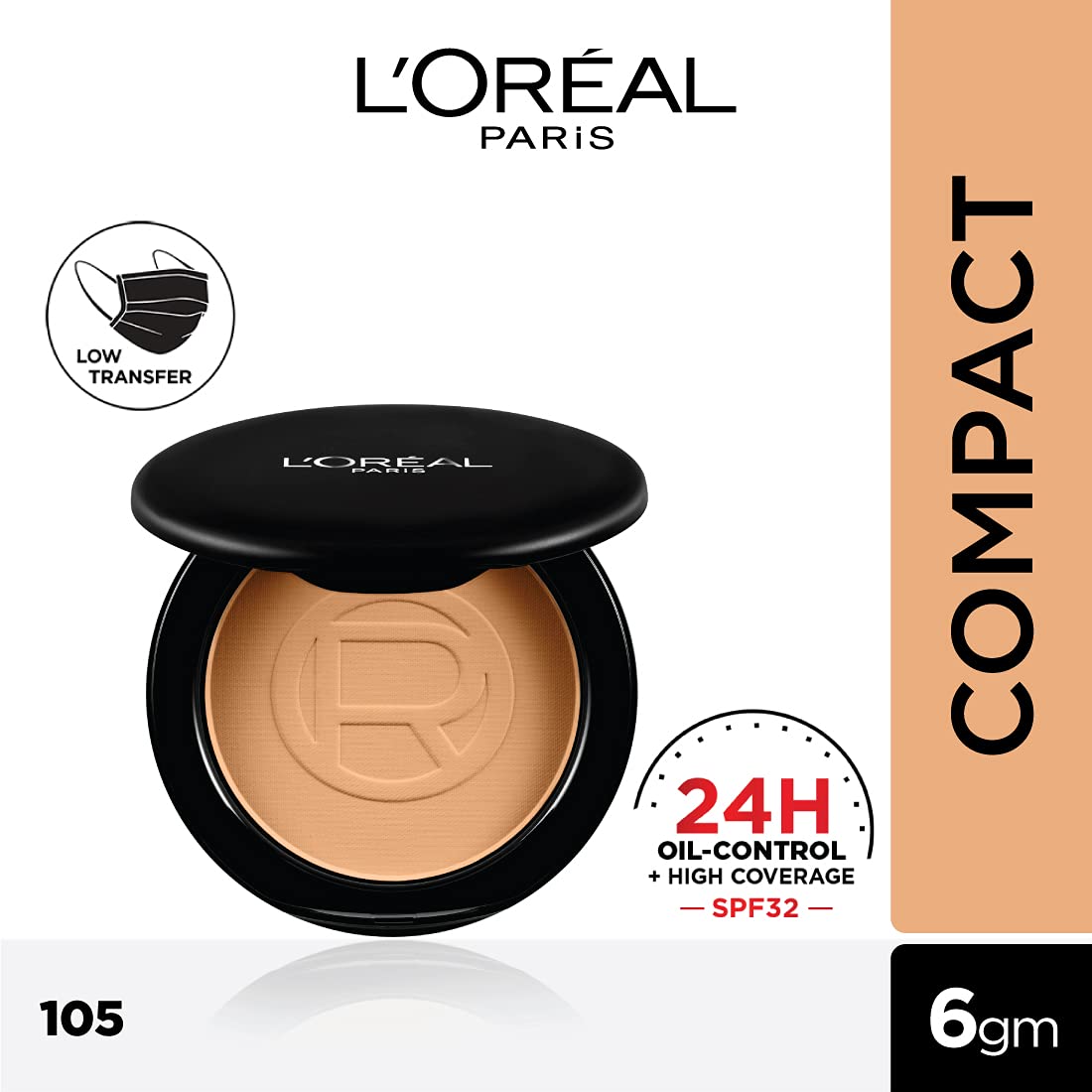 L’Oréal Paris High Coverage Compact Powder, Matte-Finish, Lightweight & Blendable, Compact Face Makeup, With SPF 32 & PA +++, Infallbile 24h Oil Killer, 105 Fair Linen, 6g