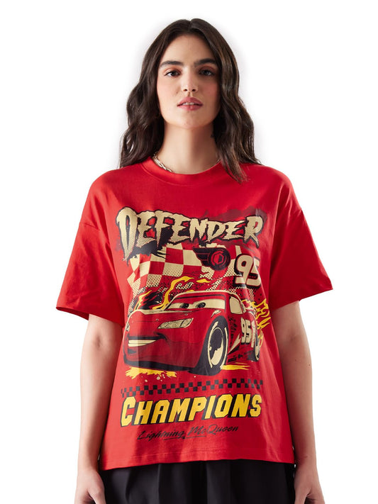 The Souled Store Cars: Defending Champ Womens and Girls Oversize Fit Half Sleeve Graphic Printed Cotton Red Color T-Shirt