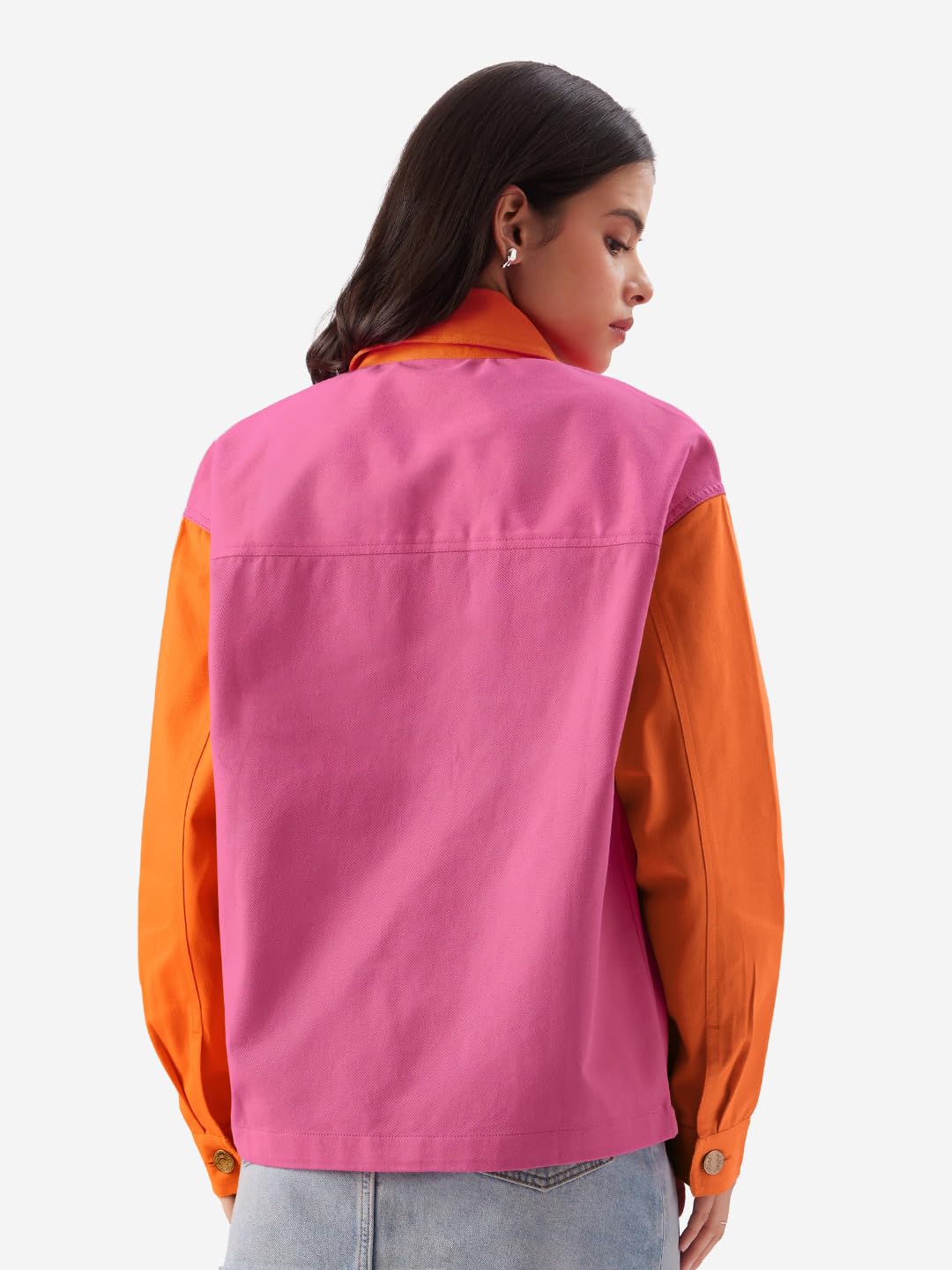 The Souled Store Solids: Pink, Orange (Colourblock) Long Sleeve Button Down Collared Women and Girls Shackets