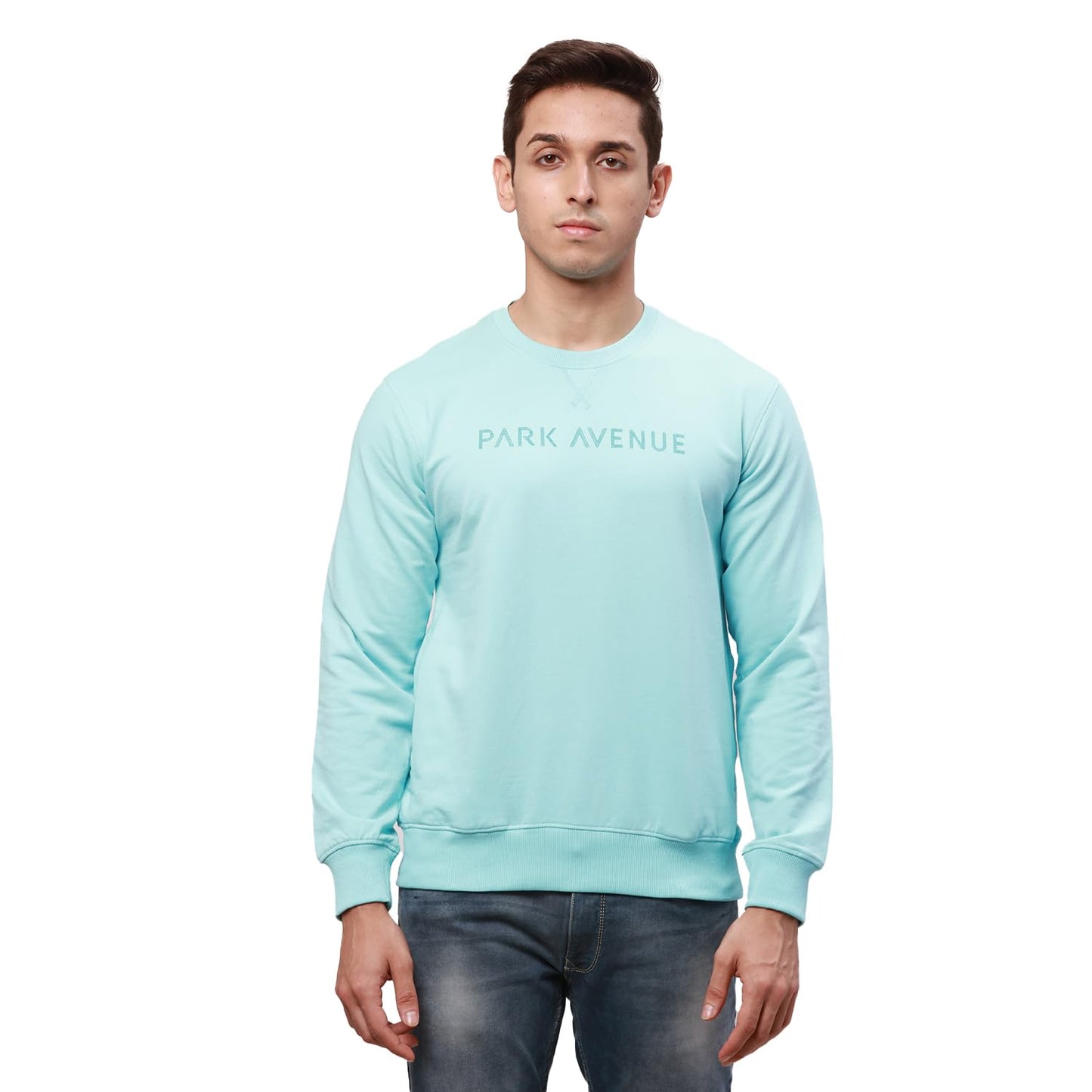 Park Avenue Men's Slim Fit Cotton Polyester Blend Solid Pattern Full Sleeve Regular Neck Blue Casual Sweatshirt (Size: 42)-PCAX00160-P3
