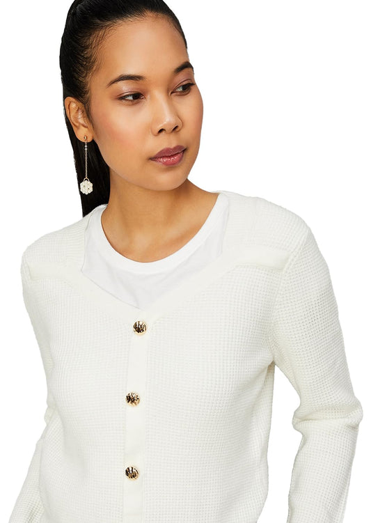 Max Women's Polyester Blend Casual Cardigan Sweater (SFS3006_Ivory