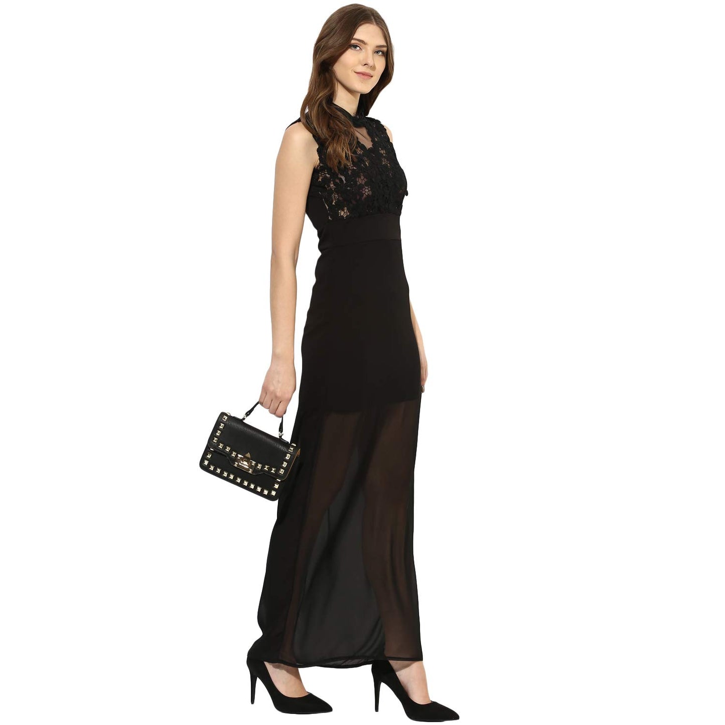 KLEIO Lace Panel Evening Maxi Dress for Women/Girl (Black)