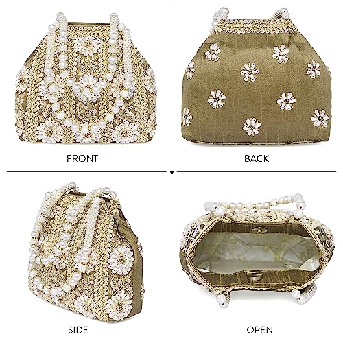 Peora Gold Potli Purses for Women Handmade Evening Handbag Stylish Bridal Fashion Wristlet Bag for Girls