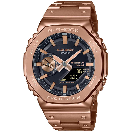Casio G-Shock Analog-Digital Stainless Steel Solid Band Black Dial Rose Gold Band Men Watch GM-B2100GD-5ADR (G1272)