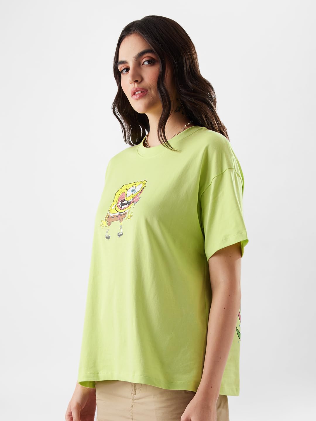 The Souled Store Official Spongebob: Oh Buoy Women and Girls Oversize Fit Half Sleeve Graphic Printed Cotton Yellow Color T-Shirt