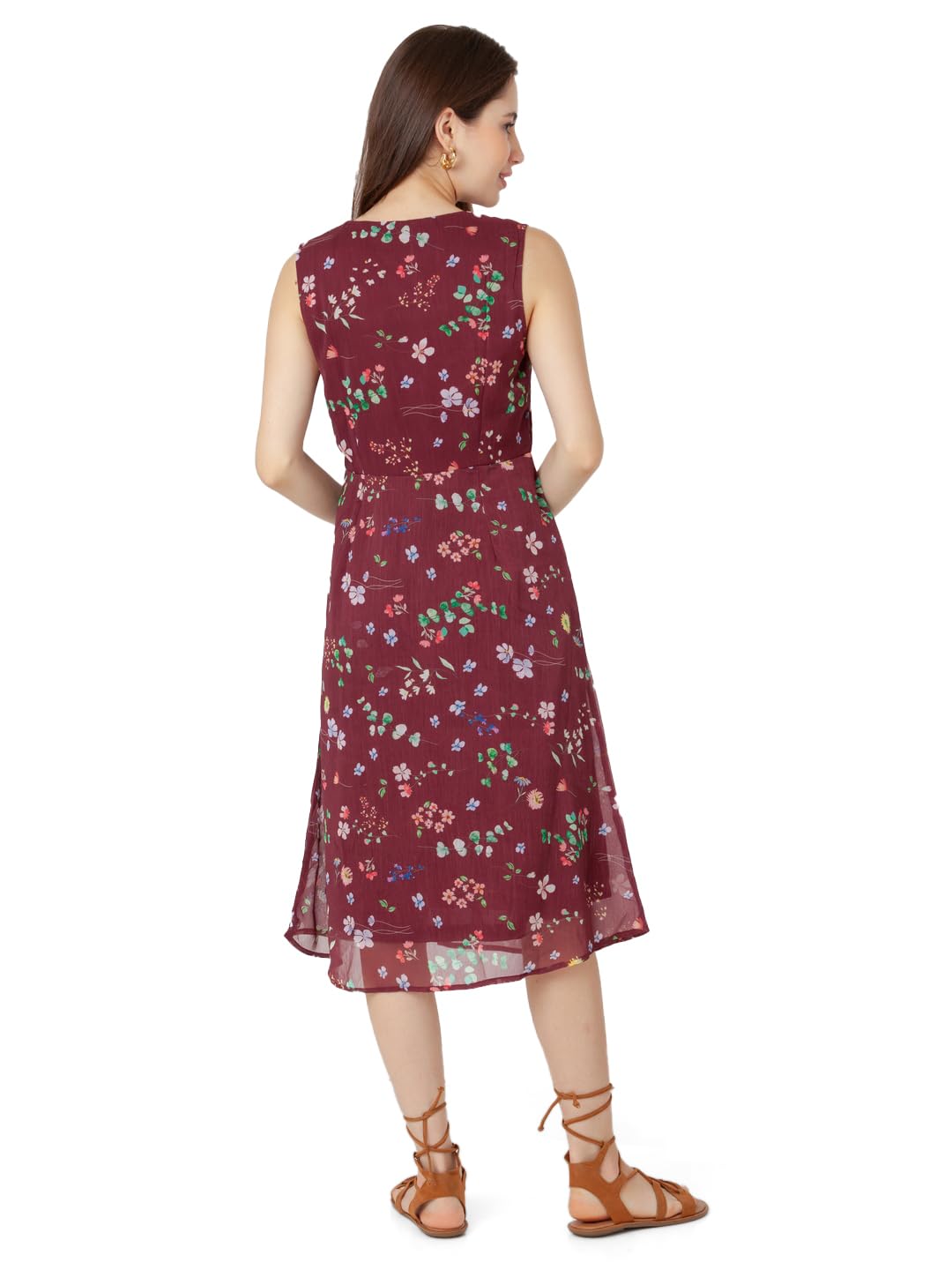 Zink London Women's Maroon Printed A-Line Midi Dress