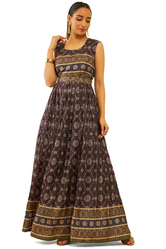 Soch Womens Charcoal Art Silk Bandhani Print Dress with Sequins