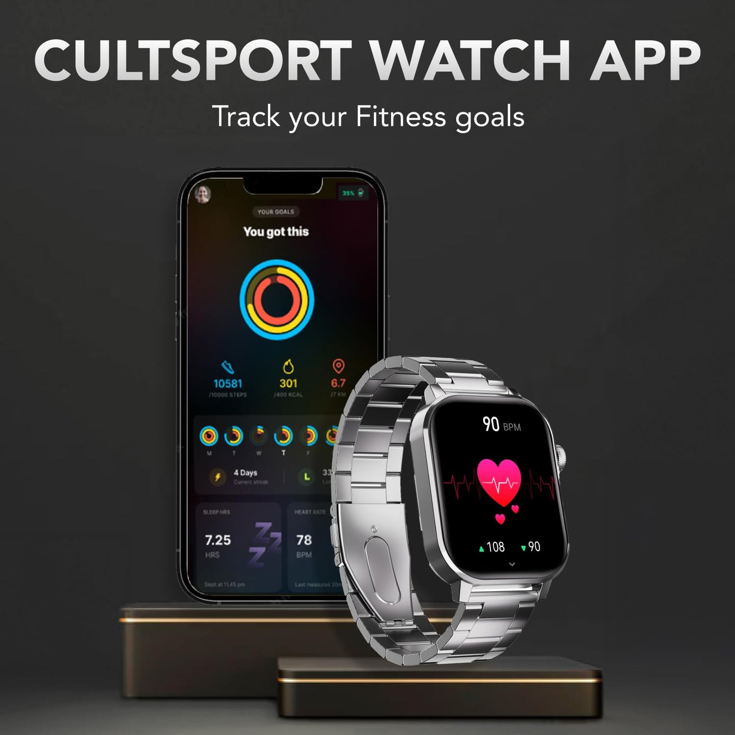 Cultsport Newly Launched Ace X Luxe 1.96" AMOLED Smartwatch,(Silver Steel)