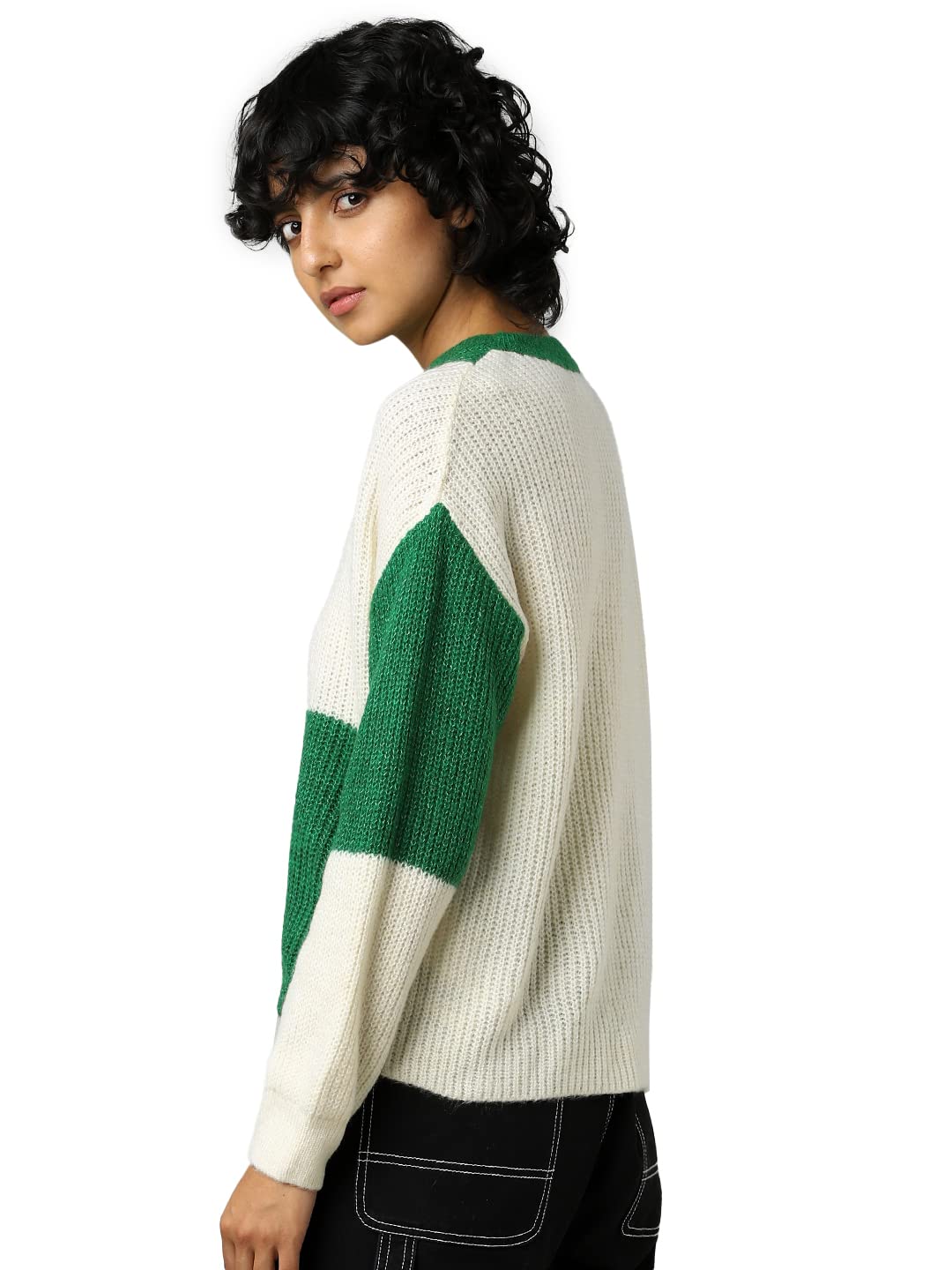 Only Women's Acrylic Blend Crew Neck Sweater (Green Bee)