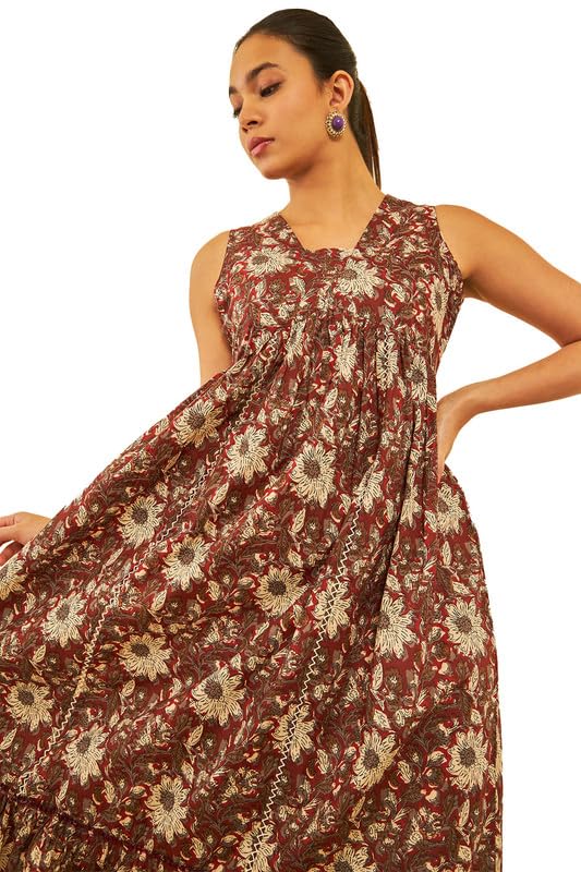 Soch Womens Maroon Cotton Floral Print Dress