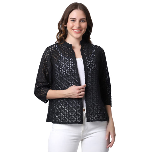 UnaOne Women Black Heart and Geometric Shaped lace Regular Open Front Plus Size Stylish Collar Shrug for Summer