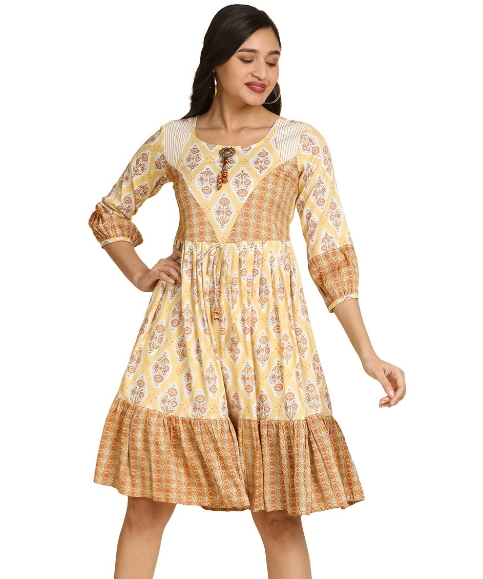 madhuram Women Short Western Dresses Style with Floral Printed and Regluar Frock Style Fully Stitched Short Dress(Multi Colour)