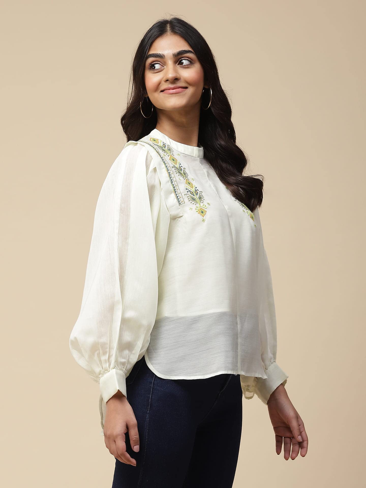 Aarke Ritu Kumar Lemon Yellow Embroidered Top with Puffed Sleeves