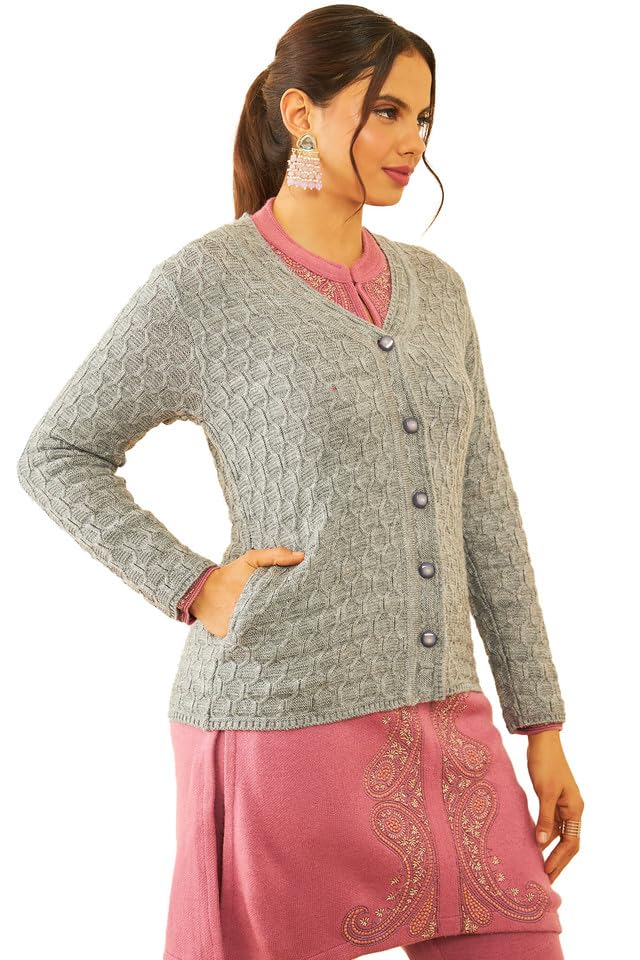 Soch Womens Grey Acrylic Woven Design Winter Cardigan(8907175610886)