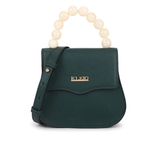 KLEIO Textured Leather Mini Handbag for Women (Dark Green) with Top Handle & Polyester Lining | Elegant Crossbody Bag for Girls with Adjustable & Detachable Sling Strap