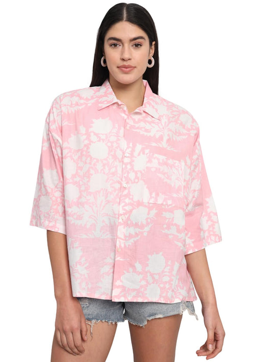 Ravaiyaa - Attitude is everything Oversized, Shirt for Women, Printed Shirt, Loose Fit, Relaxed Fit, Wide Fit 100% Cotton Spread Collar Neck Printed Shirt for Womens/Girls (Pink)