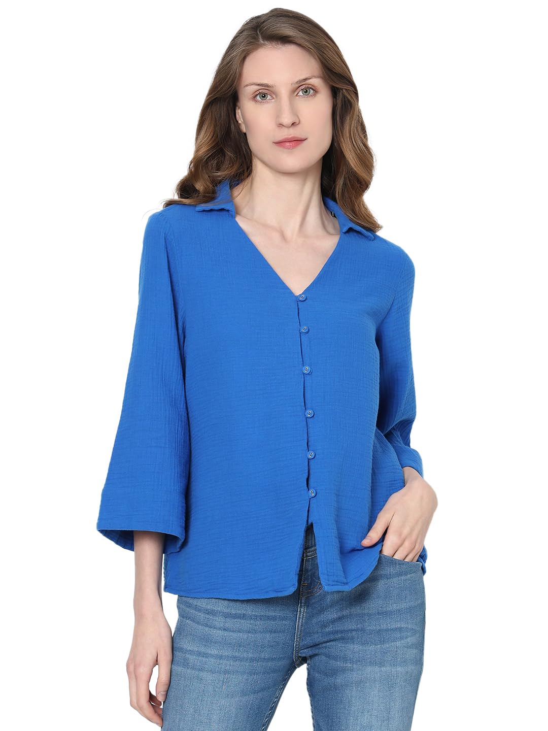 VERO MODA Women's Solid Relaxed Fit Shirt (120252602-Lapis Blue_Lapis