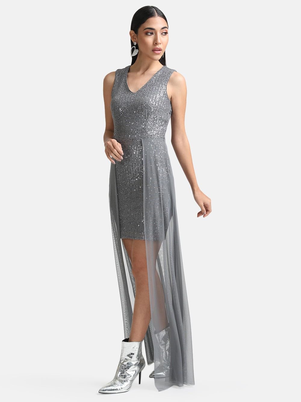 Kazo Women's Polyester Blend Modern Maxi Dress (Grey)