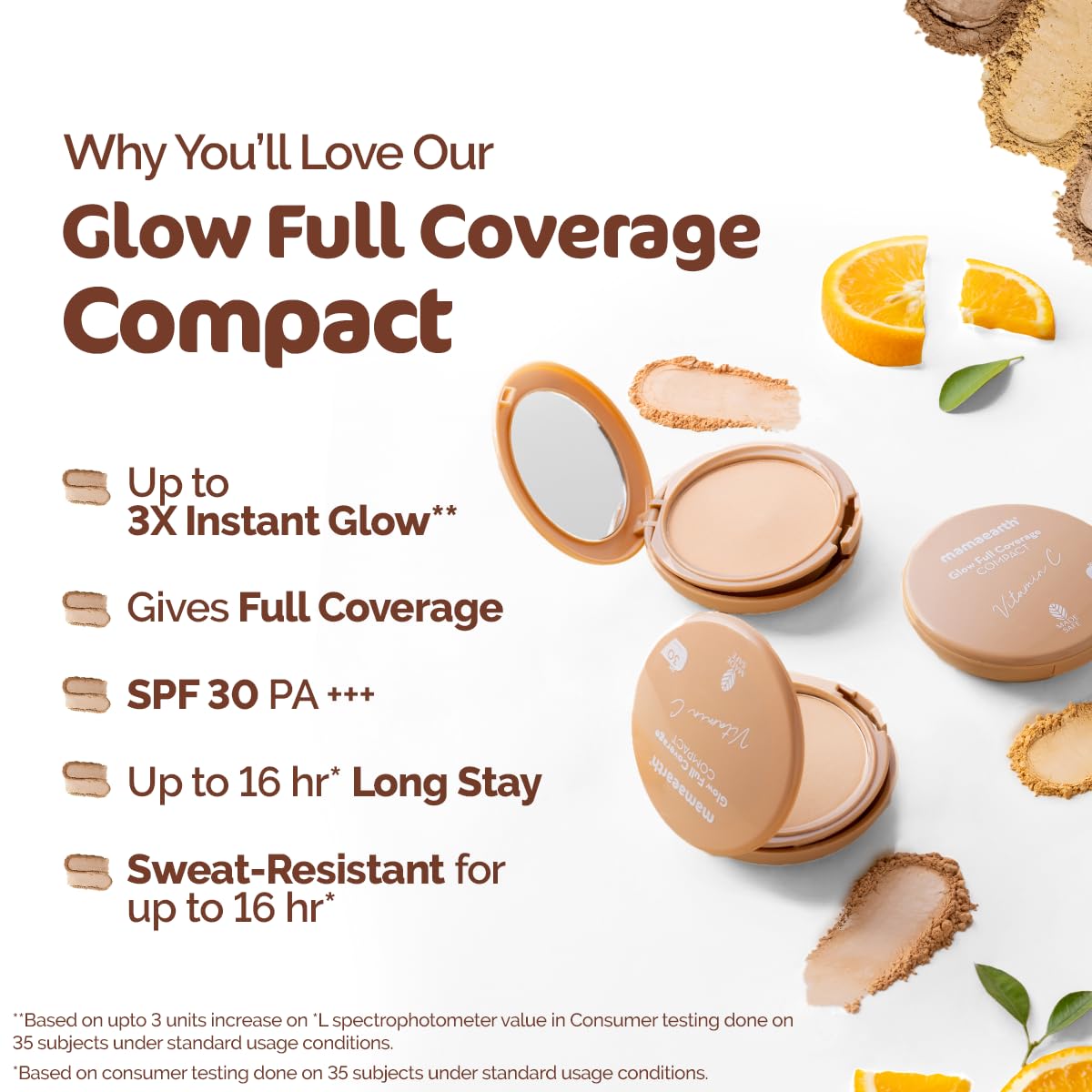 Mamaearth Glow Full Coverage Compact SPF 30 with Vitamin C & Turmeric for up to 3X Instant Glow - 9 g | Even Toned Complexion | Mattifying| Up to 16-Hour Oil Control & Sweat-Resistant (Creme Glow)