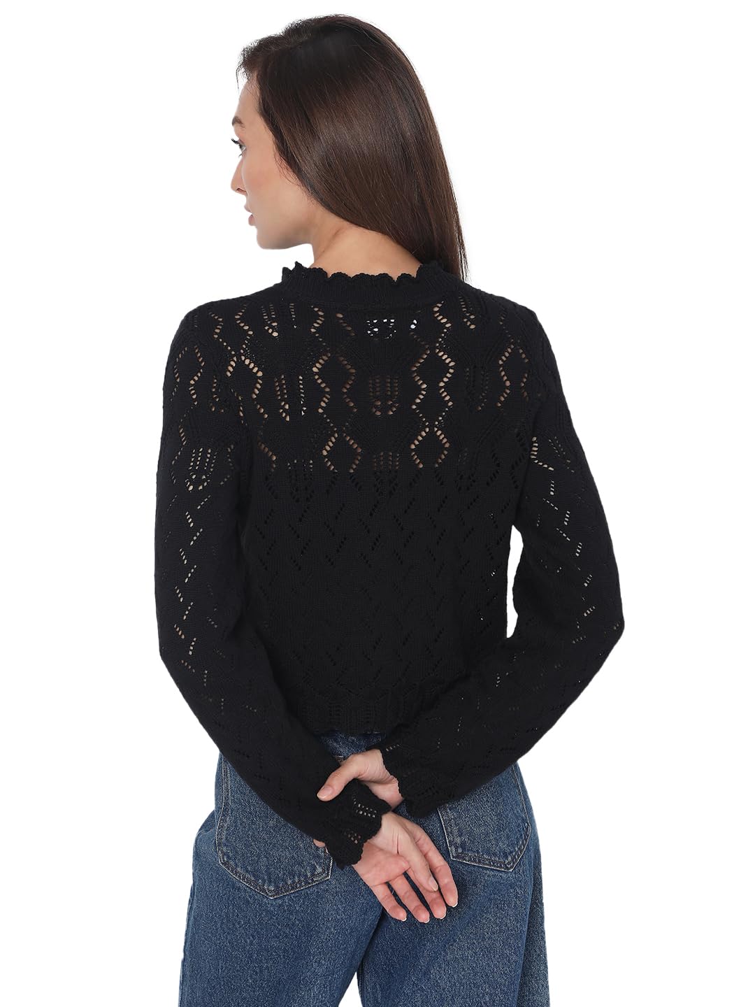 VERO MODA Women's Cotton Round Neck Sweater (10293696- Black