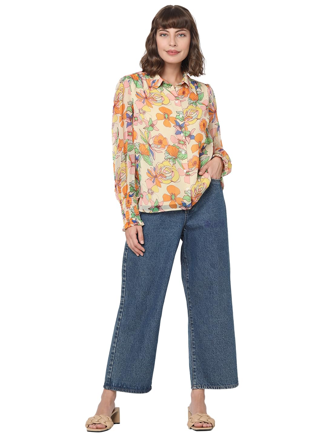 VERO MODA Women's Floral Regular Fit Shirt (10299963-Transparent Yellow_Transparent
