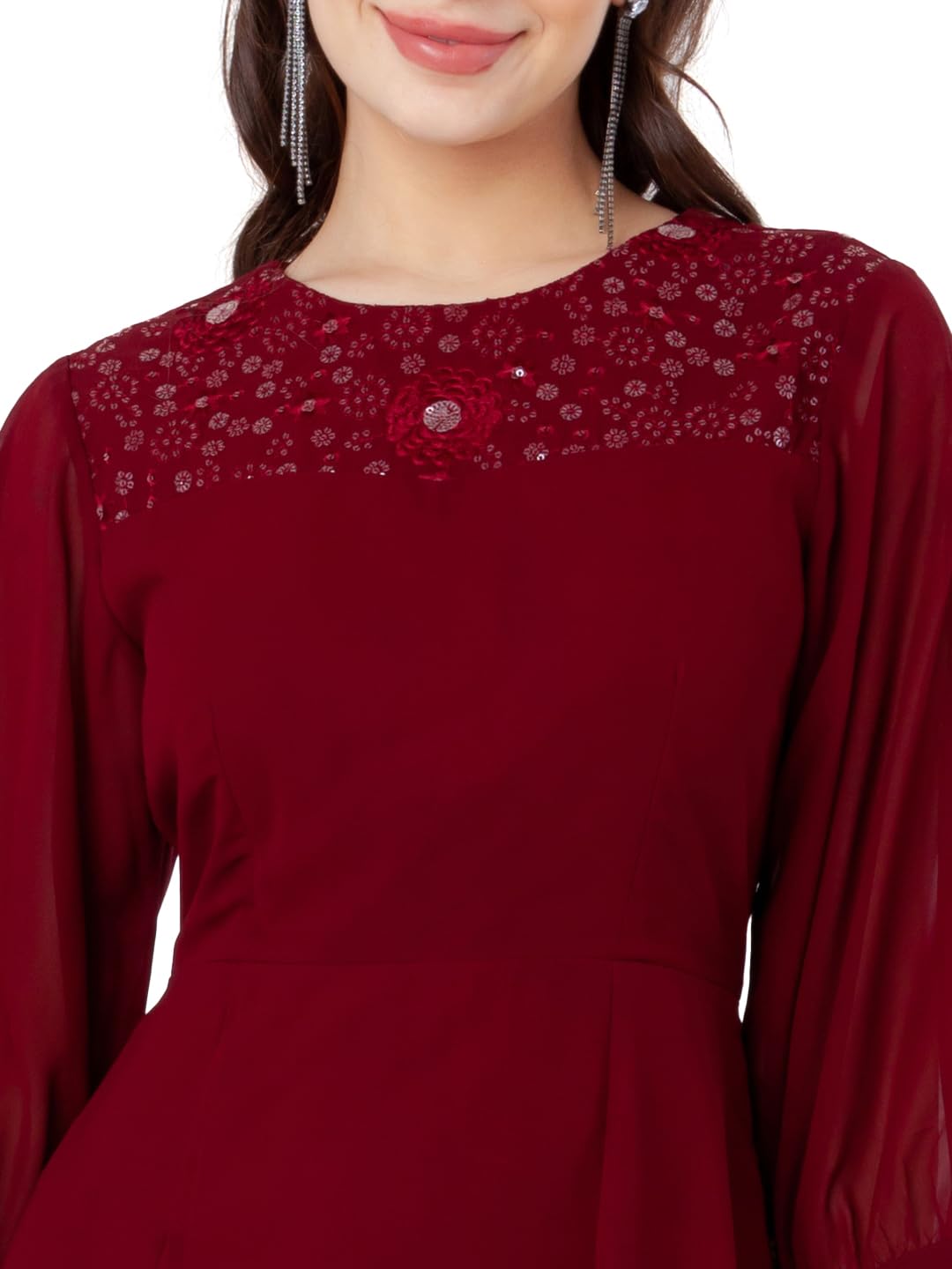 Zink London Women's Maroon Embroidered A-Line Midi Dress