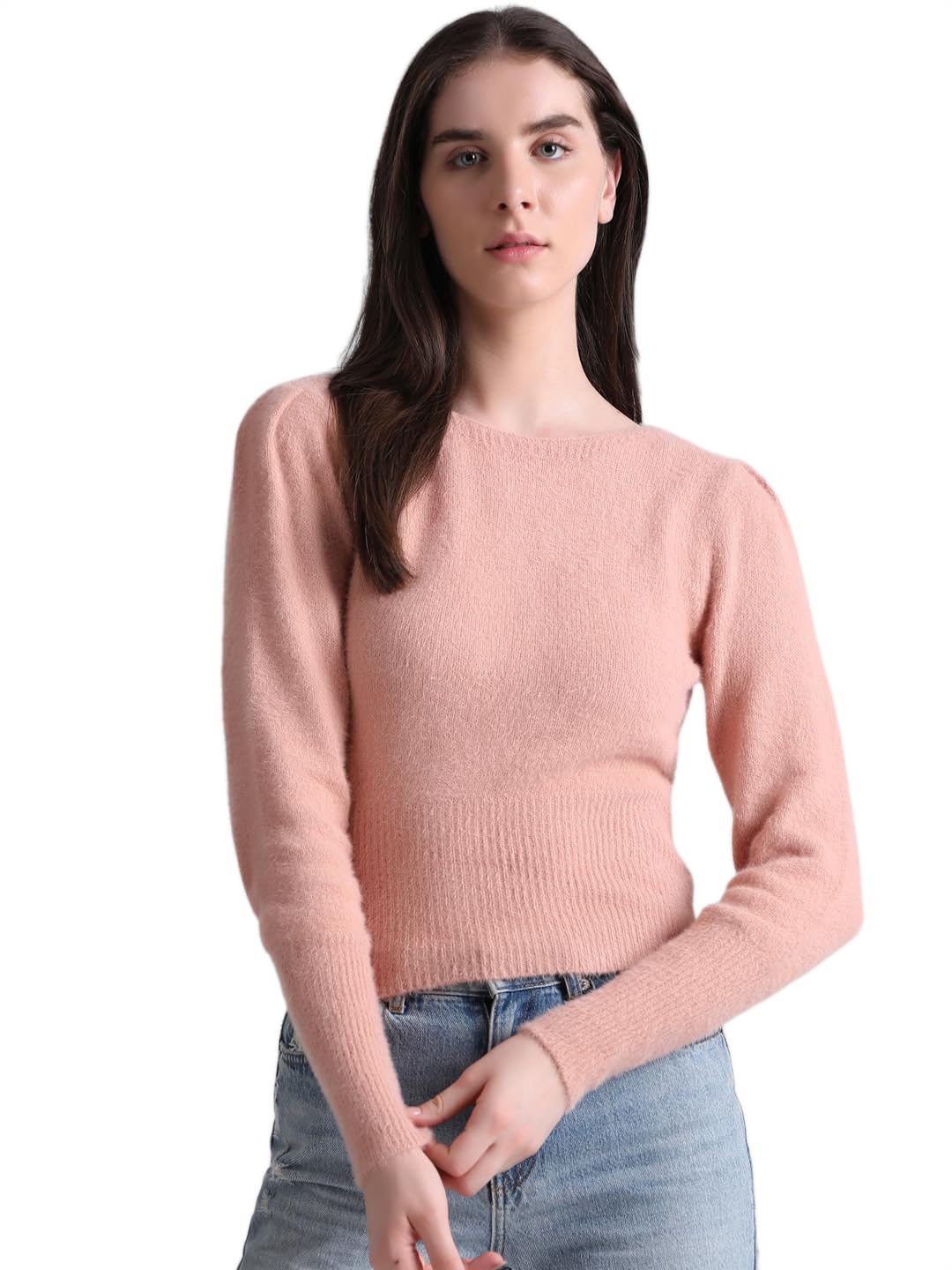 ONLY Women's Nylon Blend Round Neck Pullover Sweater (Misty Rose)