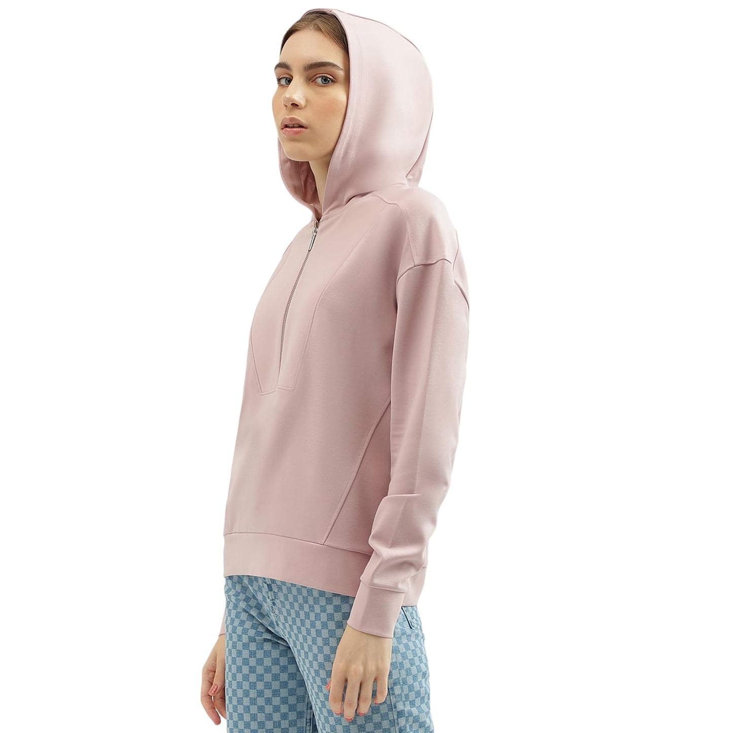 UNITED COLORS OF BENETTON Women's Regular Fit Hooded Neck Solid Sweatshirt (Size: L)-23A3INLKS096I24D Pink