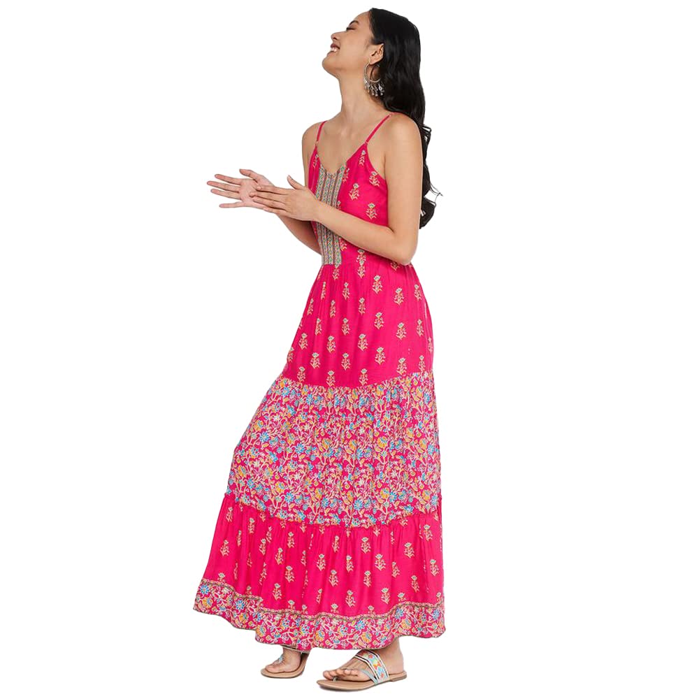 global desi Floral Viscose Square Neck Womens Gown (Pink)