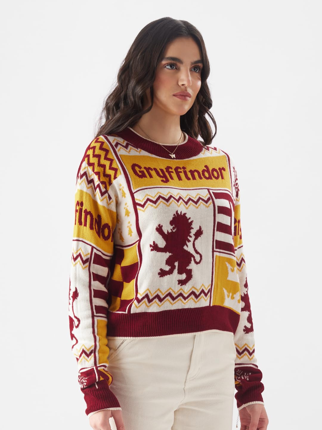 The Souled Store Harry Potter: House Gryffindor Women and Girls Long Sleeve Round Neck Multicolor Knitted Regular Fit Sweater