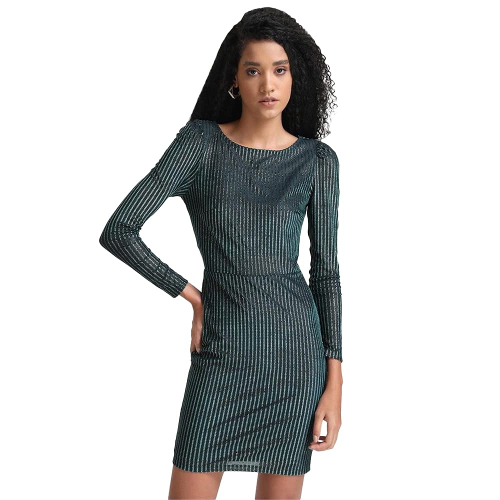 Kazo Stripes Satin Boat Neck Women's Mini Dress (Green)