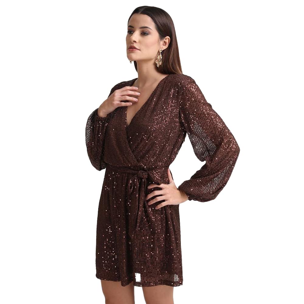 Kazo Abstract Satin V Neck Women's Mini Dress (Brown)