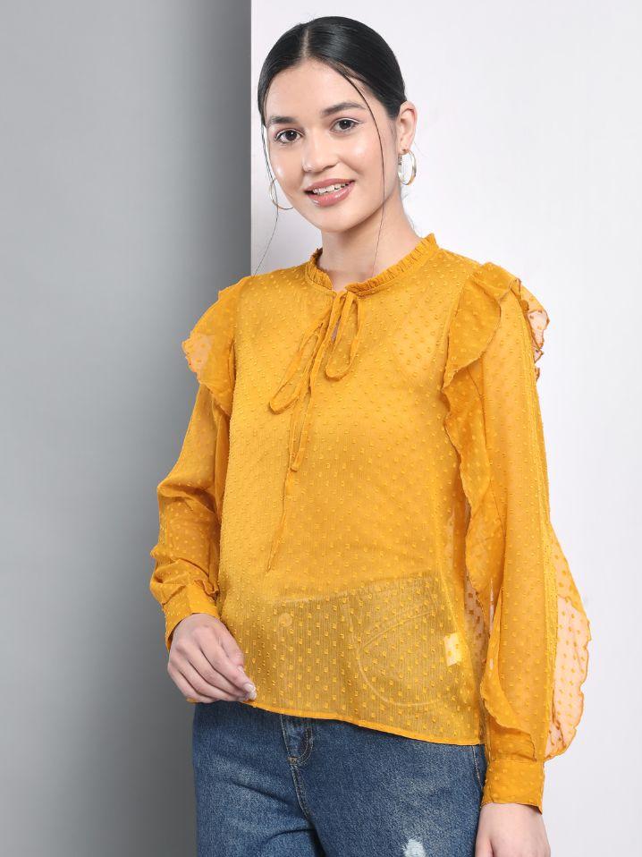 Trend Arrest Women's Polyester Yellow Dobby Ruffle Sleeve Top